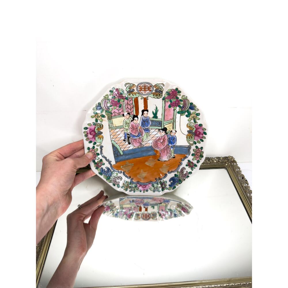 Vintage Chinese Rose Mandarin 8” Porcelain Tray 20th Century w/ Qianlong Mark